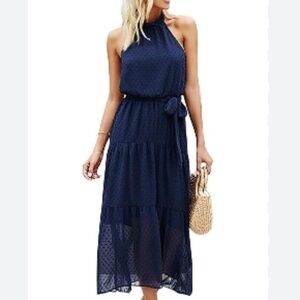 Blue Swiss Dot Bohemian Halter Neck Cottagecore Festival Boho Maxi Dress Size M